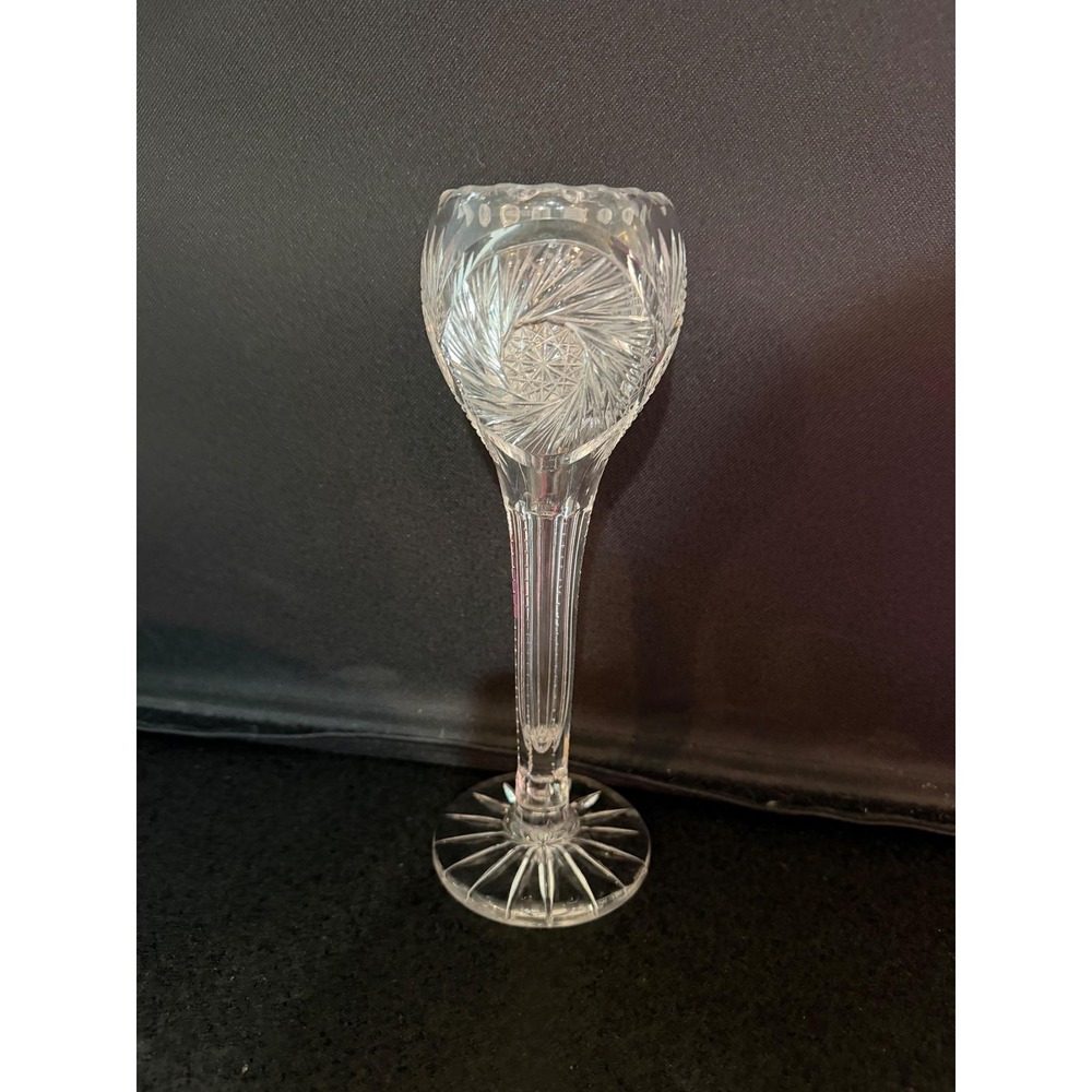 Vintage American Brilliant Cut Glass Bud Vase Pinwheel Starburst 10 inch